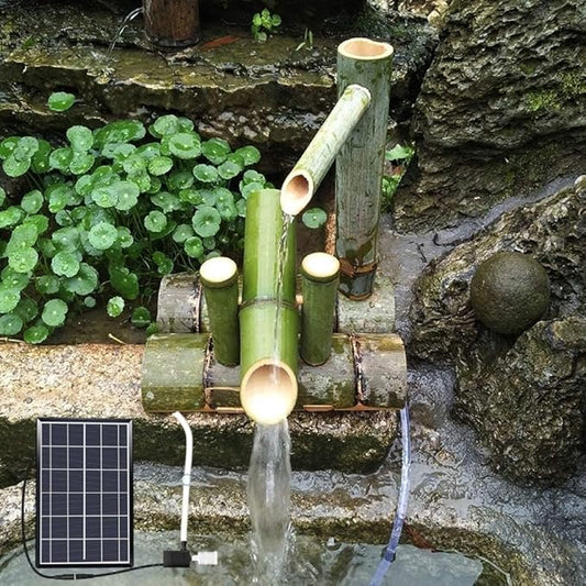 Natural Bamboo Solar Water Fountain, Outdoor Decorative Garden Waterfall Feature with Solar Panel,Bamboo Fountain Japanese Nozzle100% Handmade