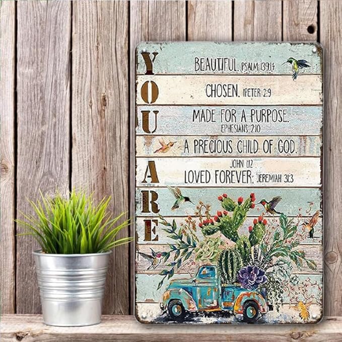 YOYI ART Bible Blessed Signs for Home Decor - Garden Patio Signs for Outside, Cactus Car Bird Vintage Metal Tin Signs for Backyard, Patio, Front Door, Porch, Farm House Wall Art Decor Art, 8 x 12 inch