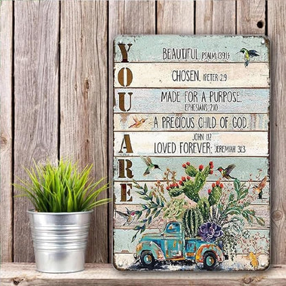 YOYI ART Bible Blessed Signs for Home Decor - Garden Patio Signs for Outside, Cactus Car Bird Vintage Metal Tin Signs for Backyard, Patio, Front Door, Porch, Farm House Wall Art Decor Art, 8 x 12 inch