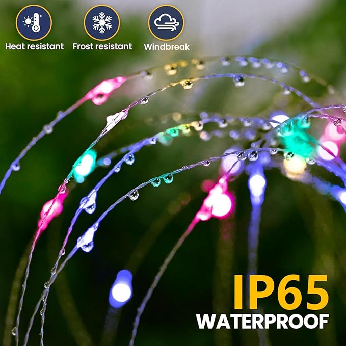 4 Pack Solar Firework Lights Outdoor, Adjustable 32" to 51" Extra Tall, Verified 200 LED Multicolor Stainless Steel 3-Section Pole, 8 Modes Waterproof Starburst Garden Lights for Yard Pathway
