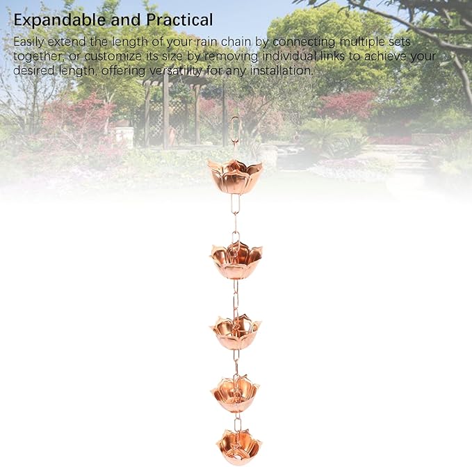 FILFEEL 1m Elegant Copper Hanging Rain Chain - Weatherproof Floral Rain Catcher for Garden & Yard Decor (Flower Shaped)