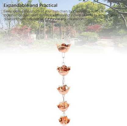 Copper Rain Chain, 3.28FT Floral Design Decorative Hanging Rain Chain for Gutters with Easy Installation No Tools Required for Downspout Replacement and Water Drainage (Flower Shaped)