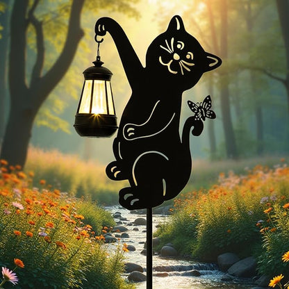 Solar Cute Cat Garden Stakes Outdoor Solar Decor Metal Cute Cat Holding Solar Lantern Decorative Garden Metal Flower Stakes Outdoor Cute Cat Silhouette Stakes