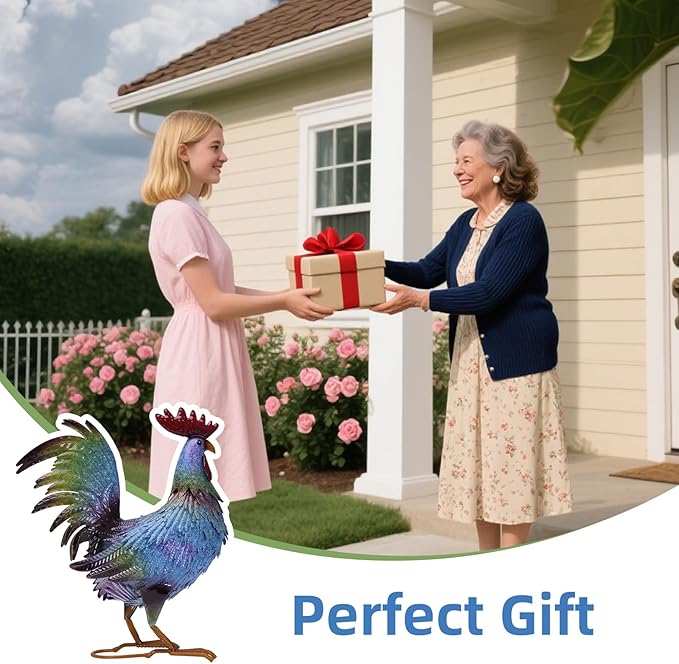 Metal Chicken Garden Sculptures & Statues,Vivid Lawn Ornaments for Garden Decorations Outdoor, Blue Rooster Gift for Housewarming,Home Decoration for Christmas Holiday