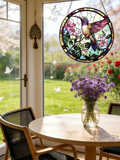 Stained Glass Window Hanging, Hummingbird Suncatcher for Door Home Decor, Birds Flowers Sun Catcher Ornament Mother's Day Birthday Gifts for Bird Lovers Women Men Mom 6.3 in