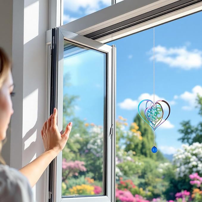 Heart Wind Spinners Outdoor 3D Gradient Twisted Wind Chimes Stainless Steel Etched Metal Embellishments for Christmas Outside Hanging Decor Yarn Home Party Decor 2Pcs