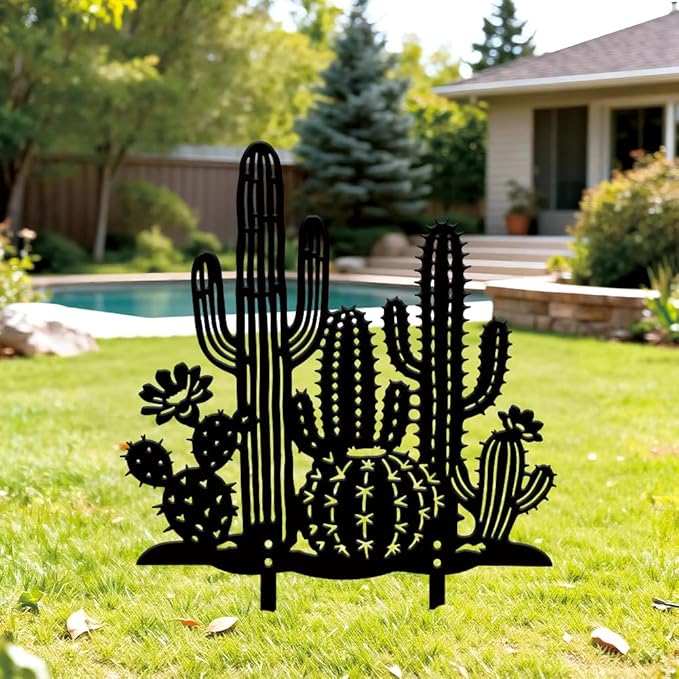 SUPERDANT Metal Cactus Garden Decor for Outside Plant Yard Stakes for Decorations Outdoor Statues Iron Art Stake Decorative Silhouette Lawn Ornament Patio Porch Farmhouse Decoration Gifts