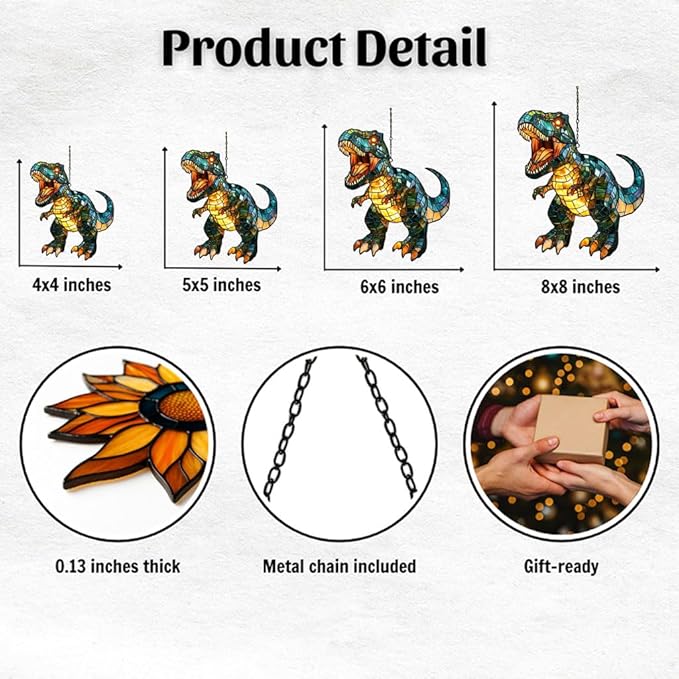 Fierce T-rex Acrylic Suncatcher Stained Glass Effect Window Car Hanging Christmas Ornament Indoor Outdoor Decor Garden Sun Catcher Panel for Dinosaur Lover for Women Mom Grandma