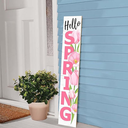 Hello Spring Porch Sign Tulip Wooden Welcome Sign Vertical Spring Hanging Signs For Standing Front Porch Decor Rustic Wall Decor Home Farmhouse Yard Door Spring Decorations 47.2"H