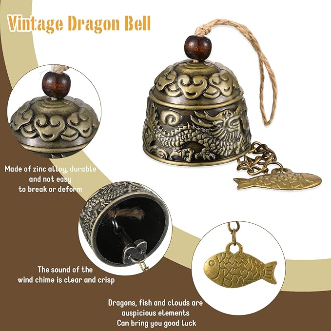 Jetec 4 Pieces Feng Shui Wind Chime for Good Luck 3-Bell Vintage Hanging Wind Chime Vintage Dragon Bell for Wealth Home Garden Patio Hanging Blessing Decoration