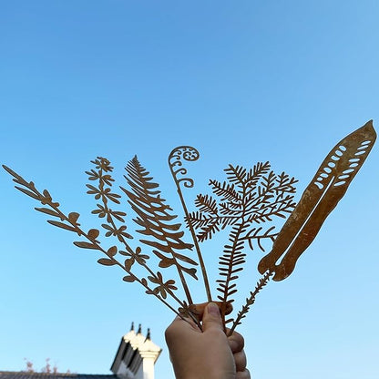 Metal Flowers for Outside,Flower Bed Decor Rusty Plant Stakes,Rusty Fern Art for Outdoor,Garden Stakes Decorative,Plant Decorations for Pots,Metal Fern Garden Sculptures and Yard Art, Lawn Ornaments