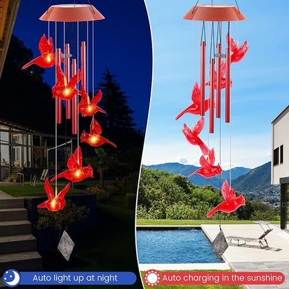 Cardinal Solar Wind Chimes,Red Bird Chimes for Outside Garden Decor, Garden Gifts Women Birthday/Thanksgiving/Christmas, for Mom/Grandma/Daughter