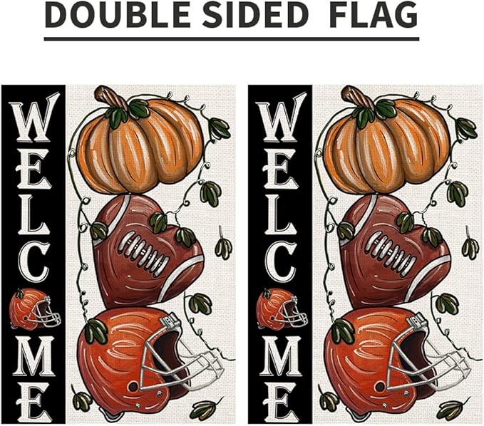Fall Football Welcome Garden Flags 12x18 Inch Vertical Double Sided, Pumpkin Autumn Sports Game Day Sign Thanksgiving Seasonal Yard Outside Decor DF330