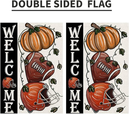 Fall Football Welcome Garden Flags 12x18 Inch Vertical Double Sided, Pumpkin Autumn Sports Game Day Sign Thanksgiving Seasonal Yard Outside Decor DF330