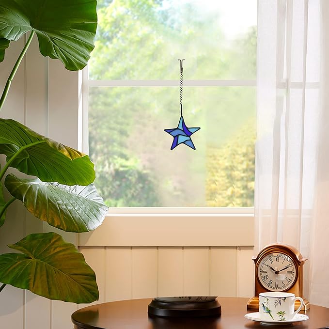 Blue Star Decoration Stained Glass Window Hanging,Glass Star Suncatcher for Living Room Bedroom Bathroom Kitchen, Birthday Gift for Boy Men Party
