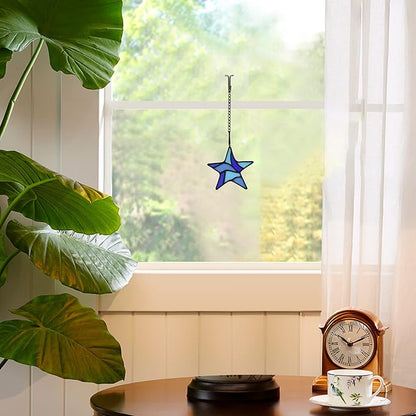 Blue Star Decoration Stained Glass Window Hanging,Glass Star Suncatcher for Living Room Bedroom Bathroom Kitchen, Birthday Gift for Boy Men Party