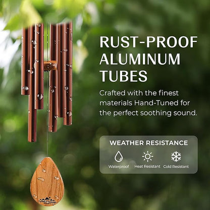 UpBlend XL Wind Chimes for Outside Gift – Deep Tone Wind Chime with Decorative Stone – Porch & Patio Decor, Elegant Outdoor Ornament, Garden Gifts. 38” Brown.