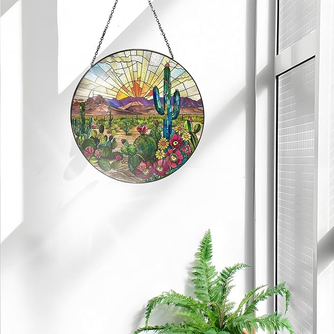 Bimkole Cactus Stained Glass Suncatcher Window Hanging - Plants Indoor Window or Doorway Decoration - Handmade Sun Catcher Decor for Garden Home Christmas & Birthday Gifts 7.87x7.87 Inch