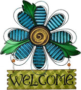 Metal Welcome Sign Daisy Hanging Signs for Front Door - Indoor Outdoor Door Decor Wall Art Flower Decoration Decorative Ornament Wreath for Home Garden Patio (Blue)