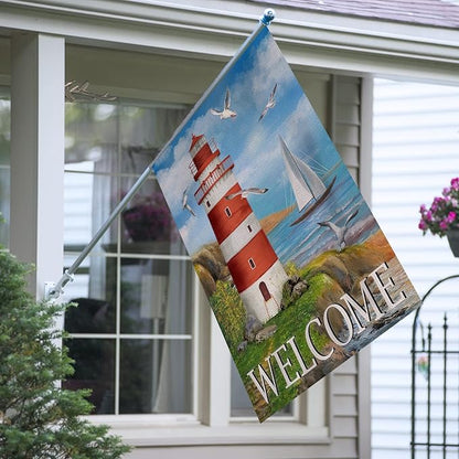 Home Decorative Welcome Summer Lighthouse House Flag, Spring Coastal Seagull Birds Garden Yard Beach Nautical Sailboat Outside Decoration, Ocean Outdoor Large Burlap Decor Double Sided 28 x 40