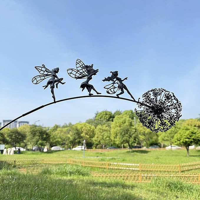 Flower Fairy Dancing with Dandelion Garden Sculpture,Angel Metal Ornaments Stainless Steel Statue Decorations,Wonderland Outdoor Yard Lawn Patio Stakes Sculptures Decor (A)