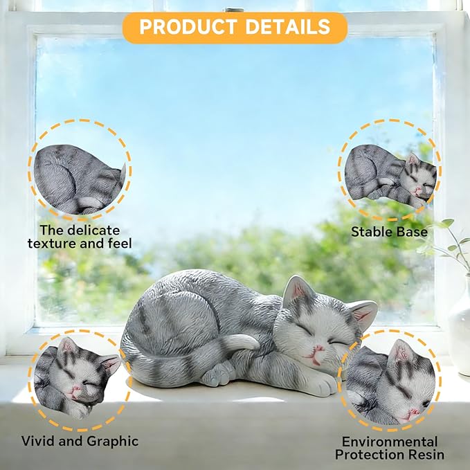 Garden Outdoor Decor Cats Statue, Sleeping Cat Figurines Garden Statues & Sculpture Decor for Patio, Porch and Lawn, Cat Memorial Stone Gifts for Lover and Womens Grey