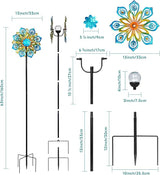 Solar Wind Spinners Outdoor, 63x13 Inch Double Layer Metal Wind Spinner with Crackle Glass Ball, Built-in Solar Panel, Peacock Feather Kinetic Yard Art with LED Light for Garden Decor