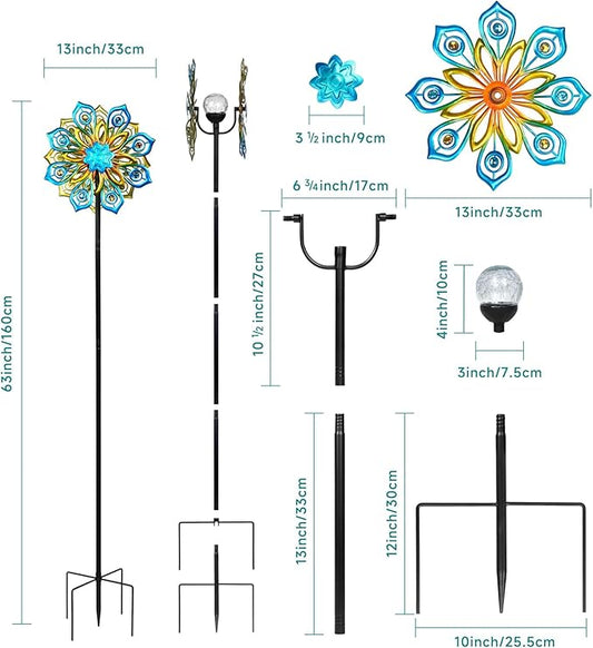 Solar Wind Spinners Outdoor, 63x13 Inch Double Layer Metal Wind Spinner with Crackle Glass Ball, Built-in Solar Panel, Peacock Feather Kinetic Yard Art with LED Light for Garden Decor