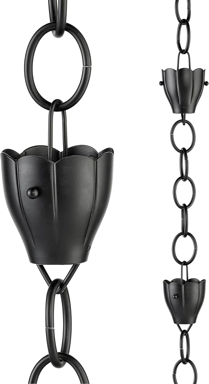 6 Cup Crocus Black Aluminum 8.5 ft. Rain Chain with Gutter Installation Clip by Good Directions