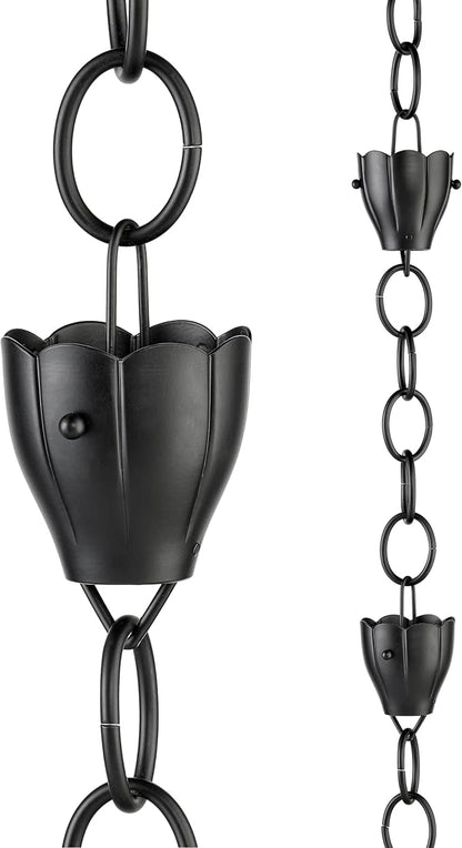 6 Cup Crocus Black Aluminum 8.5 ft. Rain Chain with Gutter Installation Clip by Good Directions