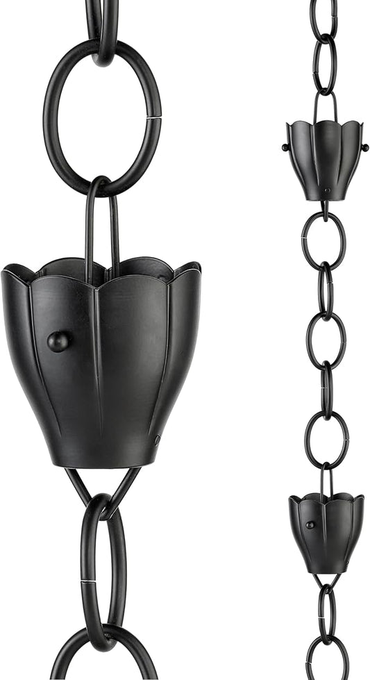 6 Cup Crocus Black Aluminum 8.5 ft. Rain Chain with Gutter Installation Clip by Good Directions