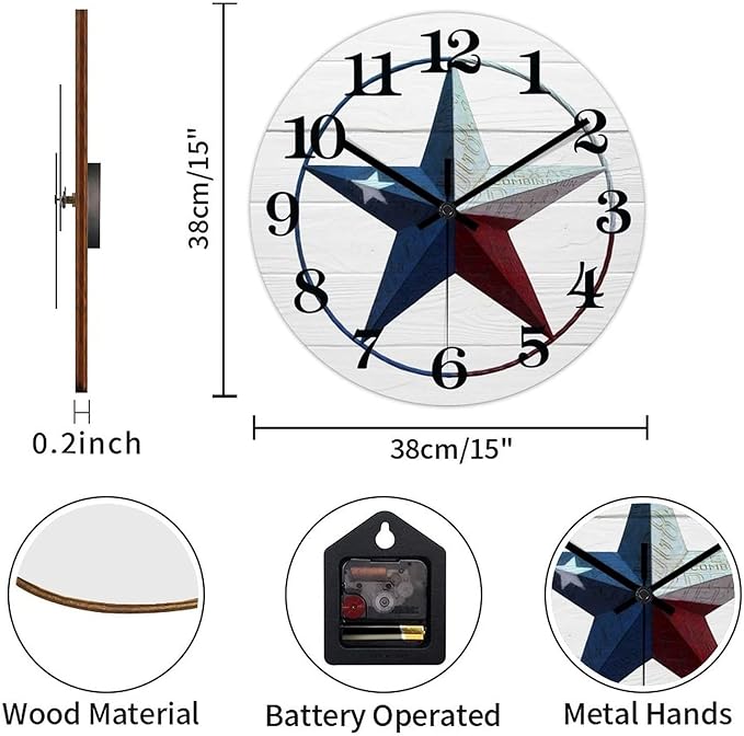 Round Farmhouse Wall Clock Western Texas Star Country Style Wood Clock Silent Non-Ticking Battery Operated Easy to Read Classic Wall Art Desk Clock for Living Room Bathroom Office 15 Inch