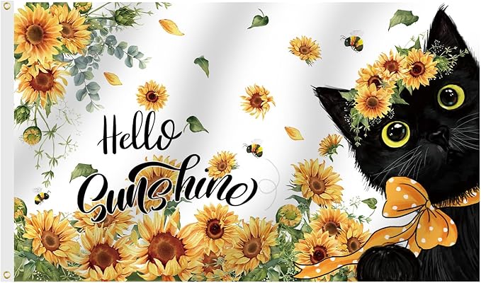 SENSEVEN Spring Summer Sunflowers Black Cat Flags for Outside 3x5 Ft, Summer Bees Yard Flag, Cute Kitten Hello Sunshine Floral Flag Seasonal Welcome Outdoor Banner for Porch Farmhouse Decor