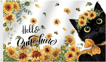 SENSEVEN Spring Summer Sunflowers Black Cat Flags for Outside 3x5 Ft, Summer Bees Yard Flag, Cute Kitten Hello Sunshine Floral Flag Seasonal Welcome Outdoor Banner for Porch Farmhouse Decor