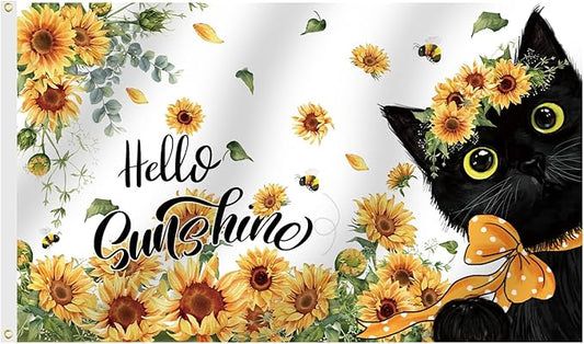 SENSEVEN Spring Summer Sunflowers Black Cat Flags for Outside 3x5 Ft, Summer Bees Yard Flag, Cute Kitten Hello Sunshine Floral Flag Seasonal Welcome Outdoor Banner for Porch Farmhouse Decor