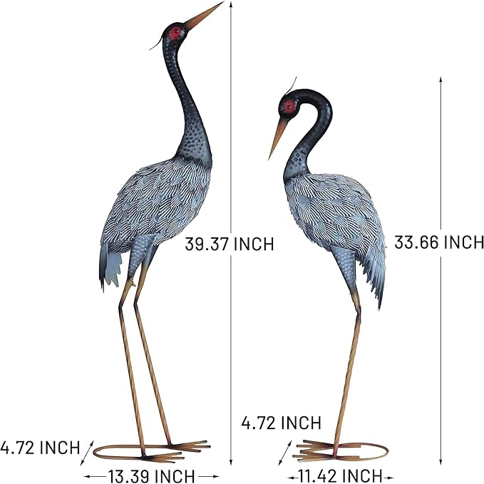 Metal Crane Statue Garden Decor, Heron Statue Yard Art for Outdoor Patio Lawn Backyard Pool Front Porch Decor, Bird Garden Sculpture & Statues, Set of 2, Spring & Summer Decorations