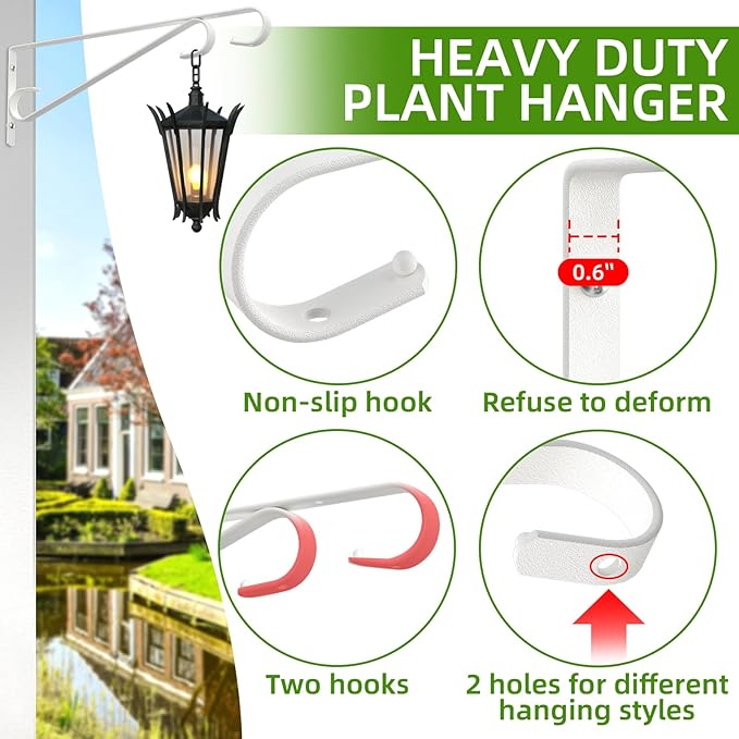 Plant Hangers Outdoor，2 Pack 15.4 Inch Hanging Plant Hooks,Heavy Duty Wall Plant Hanger,Plant Hanger Bracket for Bird Feeders, Planters, Lanterns, Wind Chimes, Wihte