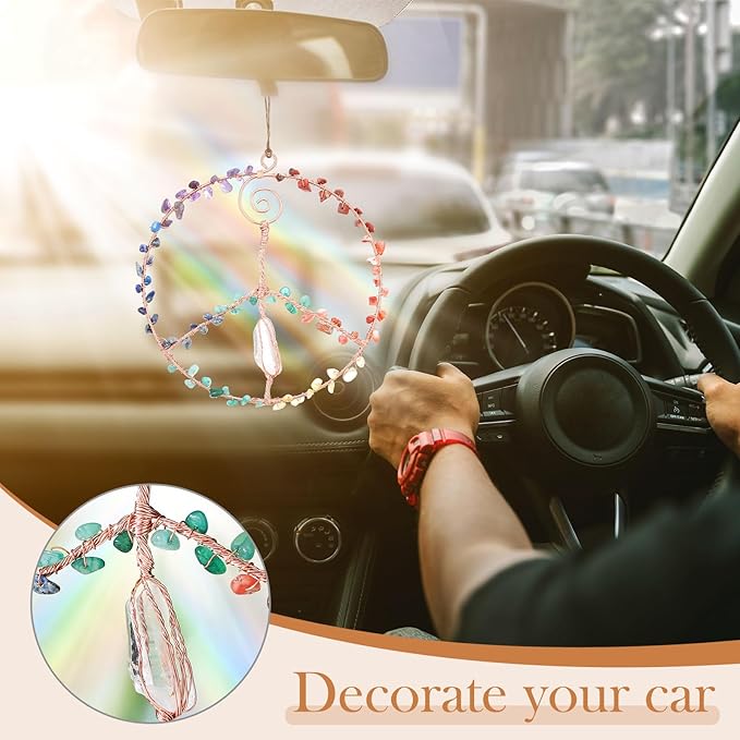 Siifert 6 Inches Crystal Winding Peace Sign Sun catcher, Metal Peace Sign Wall Decor Art Rose Gold Life Crystal Stone Sun catcher Window Car Wall Art Hanging Decorations for Home Office Decor Ornament