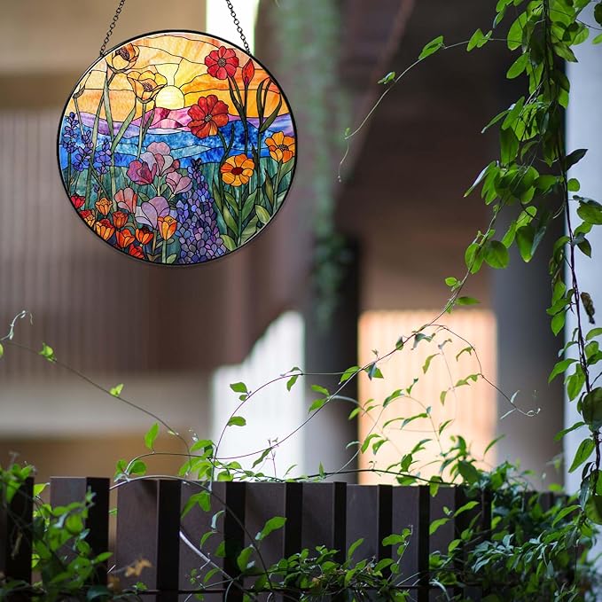 Wildflowers Sun Catcher 6'' Stained Glass Window Hanging Plant Lover Gifts for Women Wildflowers Wall Decor Handmade Sun Catcher Decoration for Garden Home Housewarming Gifts