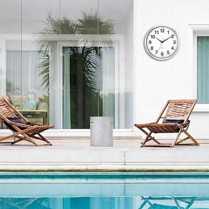 Caysie 12 Inch Sealed Indoor Outdoor Clocks Waterproof, Silent Battery Operated Quartz Metal Wall Clock for Patio Pool Bathroom Home (Silver)