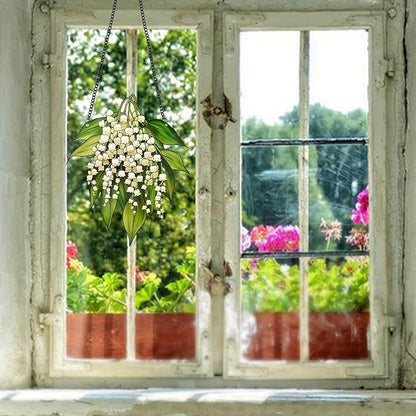 Suncatchers for Windows Hanging Lily of The Valley Stained Glass Suncatcher Flower Garden Decor Living Room Wall Decor for Grandma, 6 Inch