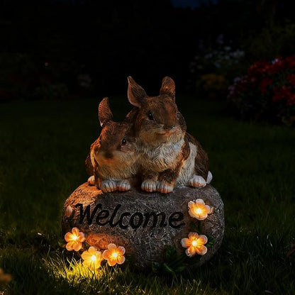 Solar Rabbit Garden Decor Outdoor Bunny Statue Welcome Sign Cute Resin Bunny Figurines for Yard Lawn Ornament Patio Porch Backyard Waterproof Decorative Gift for Women Bunny Lovers