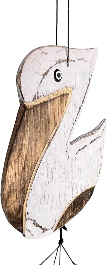 Coastal Pelican Windchime – Whitewashed Bamboo & Distressed White Wood Hanging Outdoor Garden Décor – Relaxing Calming Deep Tones