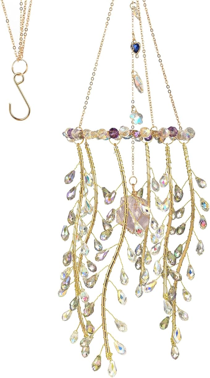 Crystal Hanging Suncatcher with Natural Stone, 16.9 Inch Decorative Wind Chime, Gold Chain & Branch Design (Purple)