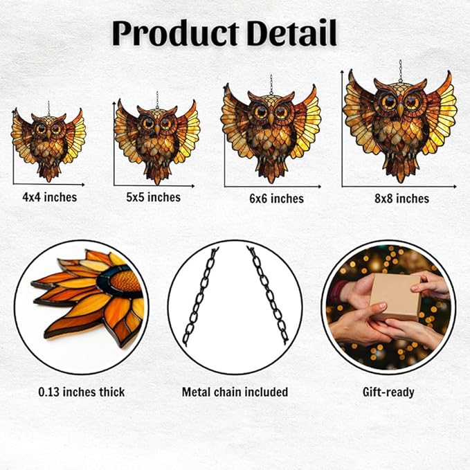 Owl Tiffany Style Acrylic Suncatcher Stained Glass Effect Window Car Hanging Christmas Ornament Indoor Outdoor Decor Garden Sun Catcher Panel for Owl Lover for Women Mom Grandma