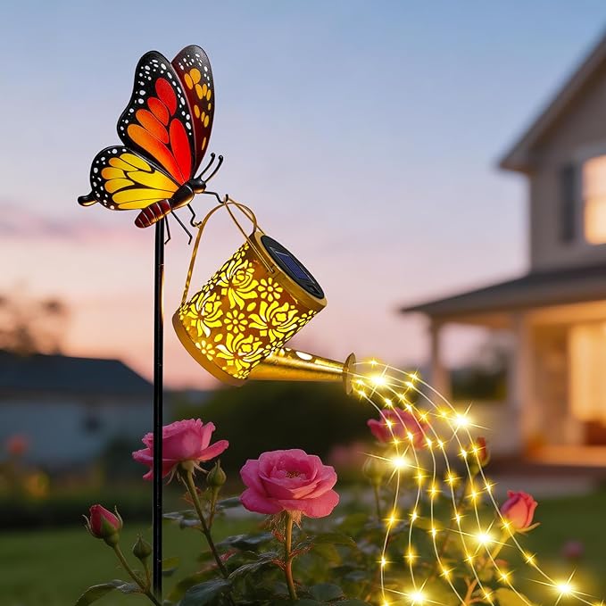 Solar Lights Garden Decor, Waterproof Solar Watering Can with Butterfly Garden Stakes, Outdoor Light with Cascading Lights for Yard Art Outside Patio Lawn Porch, Birthday Gift for Mom Women