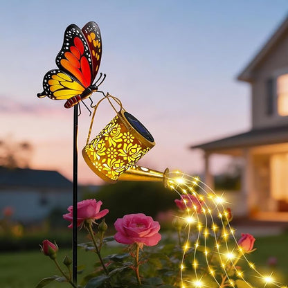 Solar Lights Garden Decor, Waterproof Solar Watering Can with Butterfly Garden Stakes, Outdoor Light with Cascading Lights for Yard Art Outside Patio Lawn Porch, Birthday Gift for Mom Women
