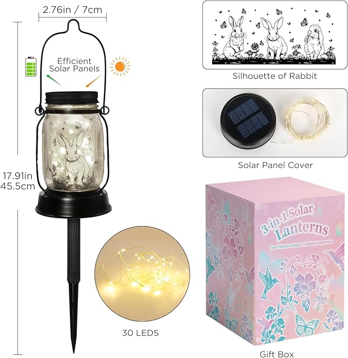 Bunny Gifts for Women/Men Bunny Lovers Solar Lantern Mom Birthday, Mothers Day, Christmas Gifts, Animal Solar Lantern Garden Decoration Lights Outside for Yard, Patio,Backyard,Porch, Torches