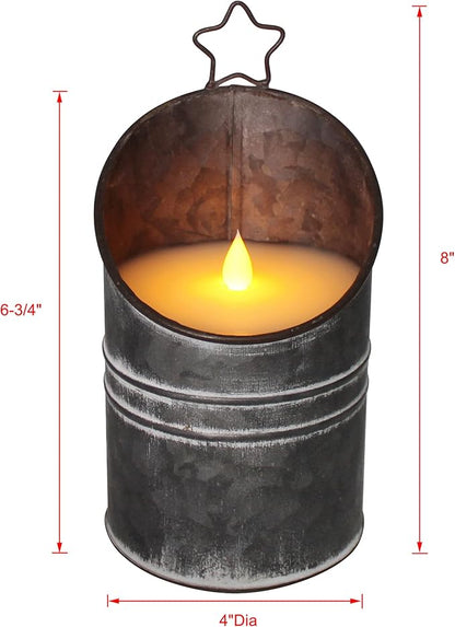CVHOMEDECO. Vintage Galvanized Can Flameless LED Candle, Real Wax in Antique Galvanized Jar Flickering Candle with Remote Control for Tabletop Wall Decor. H 8 Inch