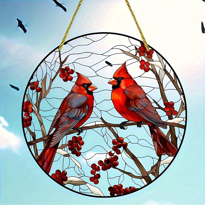 5.9'' Acrylic Window Hanging Cardinal Suncatcher Decor, Red Bird Suncatcher Panel Outdoor Wall Art Stained Panel Hangings Gift for Home Garden Ornament for Birds Lover